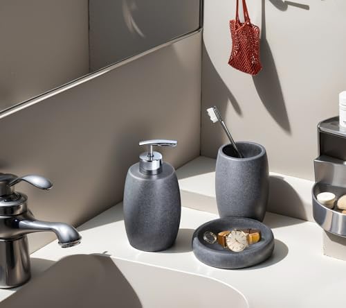 Clasin Home Grey Bathroom Accessories Set 3 PC, Resin Sandstone Look Soap Dispenser, Toothbrush Cup, Soap Dish, Bathroom Soap Dispenser Set for Home Decor and Kitchen - Image 3