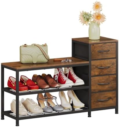 EXOTICA Industrial Shoe Storage Bench with 4 Drawers & Seat, Rustic Brown - Image 7