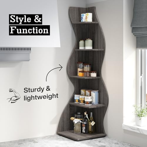 Tribesigns Corner Shelf, Modern 5-Tier Wall Corner Bookshelf, Stylish Corner Small Bookcase Storage Rack Plant Stand with Unique Shape for Living Room, Home Office(Gray, 2PCS) - Image 5