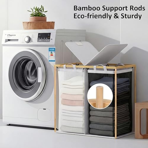 efluky Double Laundry Hamper with Lid and 2 Removable Bags, Light Grey - Image 2