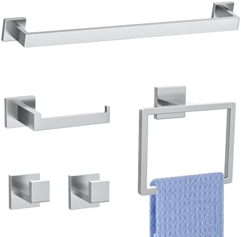 5 Pieces Brushed Nickel Towel Bar Set Bathroom Hardware Accessories Set Include 23.6 Inch Towel Bar Toilet Paper Holder Towel Ring Coat Hooks SUS304 Stainless Steel Wall Mounted Towel Holder Set by Woekme
