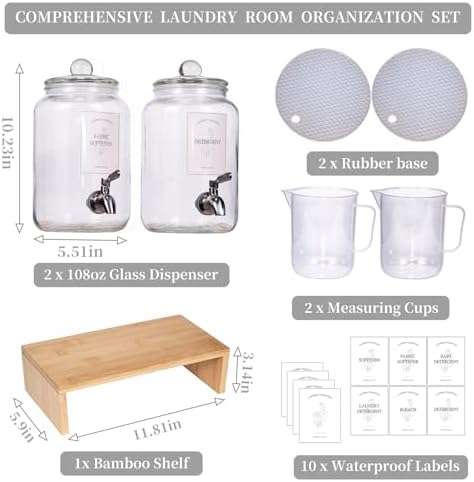 2 Pack Glass Laundry Detergent Dispenser,Sturdy glass Fabric Softener Dispenser With Leak Proof Pump,Reusable Container & Bamboo Stand-108Oz Big Laundry Soap Container For Washer Room Organization (2) - Image 2