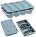 Maxdot 1 Pcs 20.5 x 11.9 x 3.7 Inch Silverware Organizer with Lid, Commercial 4-compartment Restaurant Kitchen Cutlery Tray, Plastic Silverware Storage Container, Condiments Holder (Grayish Blue) by Maxdot
