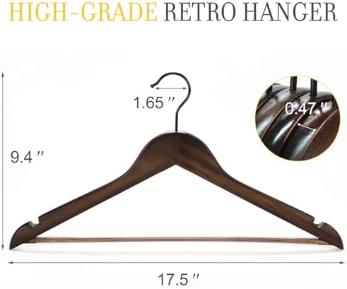 TOPIA HANGER Heavy Duty Wood Coat Hangers in Smooth Retro Finish, Boutique Quality Wooden Suit Hangers-Non-Slip Rubber Pants Bar and Smoothly Cut Notches-360° Rotating Black Hook-30 Pack, CT04A30 - Image 3
