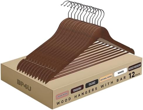 Wooden Clothes Hangers with Pants Bars, Walnut, 12-Pack by BP4U%E2%84%A2