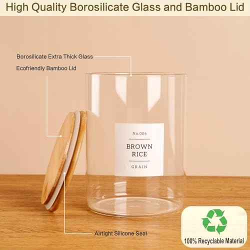 3 Pcs Glass Canisters with Airtight Bamboo Lids and 42 Kitchen Pantry Labels Preprinted - Clear Glass Flour and Sugar Storage Container Set - Large Glass Jars with Wood Lids(100 OZ/54 OZ/27 OZ) - Image 6