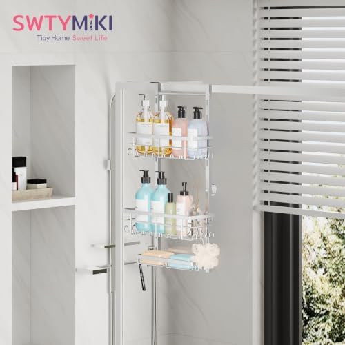 SWTYMIKI Over The Door Shower Caddy - 3 Tier Rustproof Hanging Shower Organizer with Adjustable Shelves, 28 Hooks & Soap Holder, Hanging Shower Rack Storage for Bathroom Accessories, Silver - Image 6