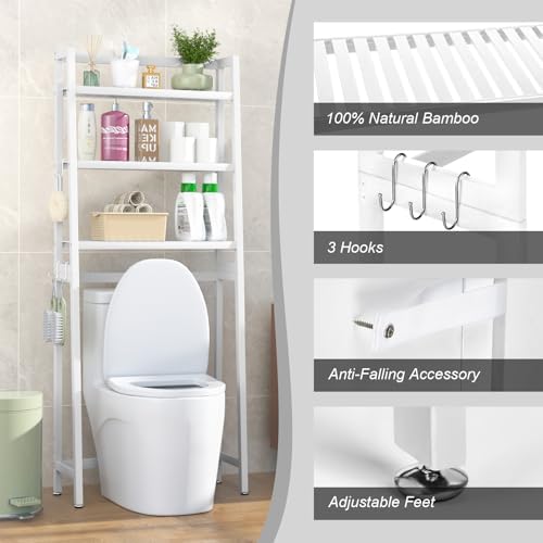 VASMIA Over The Toilet Storage,Bamboo 3-Tier Bathroom Organizer Over Toilet Storage Cabinet,Freestanding Space Saver with 3 Hooks White - Image 5