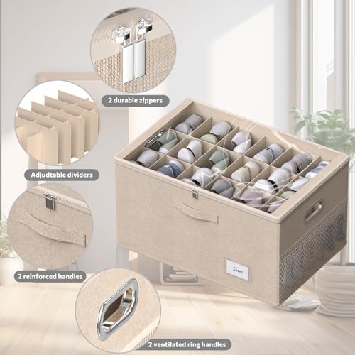 2 Pack Shoe Organizer for Closet Large Shoe Box Storage Containers with Clear Window Space Saving Shoe Bin with Foldable Bottom Support Adjustable Dividers Fits 36 Pairs (Beige, (24.4*16.5*13inch)x2) - Image 6