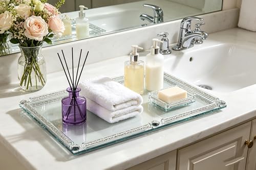 Large Mirror Perfume Tray for Dresser,Silver Crushed Diamond Filled - Image 6