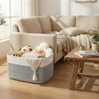 JMvicyroam 96L Large Woven Cotton Rope Blanket Basket, White&Grey - Image 2