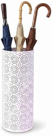 BEWBBAT Umbrella Stand Rack for Entryway, Free Standing Metal Umbrella Holder, Round Umbrella Organizer Bin with 3 Hooks for Long Short Umbrella, Walk Stick, Home Office Indoor, 17 x 7 Inch, White by BEWBBAT