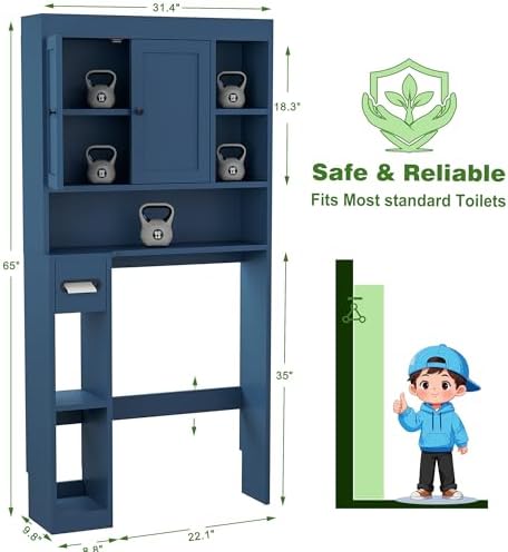 Over The Toilet Storage Cabinet with 7 Shelves, Imitation Walnut Grain Above Toilet Bathroom Organizer with Toilet Paper Holder Stand, Space Saver for Restroom, Laundry, Bathroom (Navy Blue) - Image 2