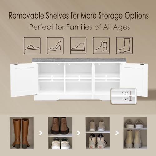 DINZI LVJ Shoe Storage Bench with Cushion, Door, White 39.4" LX17.7 H - Image 3