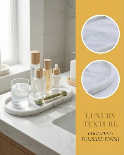 OOBOOB Oval Natural Marble Bathroom Tray for Decor Countertop, Marble Vanity Tray for Candles Perfume, Jewelry, Cosmetics, Elegant Vanity Organizer for Jewelry, Perfume - Image 3