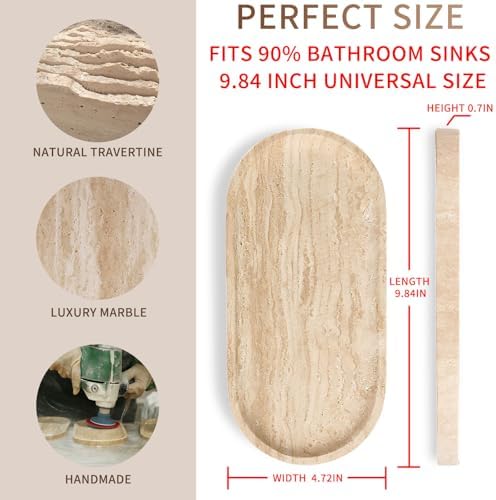 Travertine Vanity Tray for Bathroom Counter, 10"x5" Natural Marble Tray, Hand Polished, Perfume Organizer with Non-Slip Base, Candles, Stone Jewelry Dish (Travertine Beige, 9.8X4.7) - Image 3