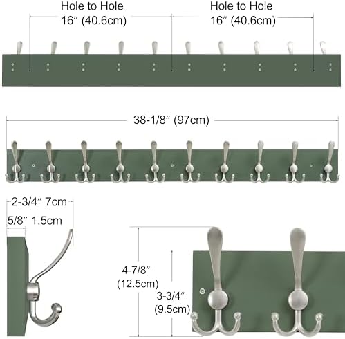 SKOLOO Creations Forest Green Solid Wood Wall Mounted Coat Rack, 10 Hooks, 38-1/8" Long - Kitchen, Mudroom, Entryway, Bathroom - Includes Mounting Hardware, Wall Coat Hanger, Towel Rack - Image 2