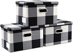 PRANDOM Collapsible Storage Bin with Lid [3-Pack] Fabric Foldable Storage Box Organizer Container Basket Cube with Cover for Home Bedroom Closet Office Nursery Black and White Grid(14.9x9.8x9.8) by Prandom