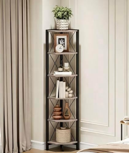 CHOEZON 6-Tier Corner Shelf, Corner Bookcase, 66.9" Tall Vertical Display Rack, Plant Stand, Open Storage Shelf, for Living Room, Bedroom, Study, Kitchen, Greige and Black TCJ13BG by Choezon