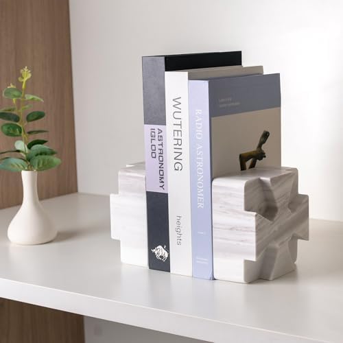 Decorative Square Marble Bookends for Heavy Books – Unique Book Ends for Shelves – Modern Aesthetic Book Holder/Stopper with Non-Slip Pads for Chic Home, Office, or Library Decor, Volakas - Image 6