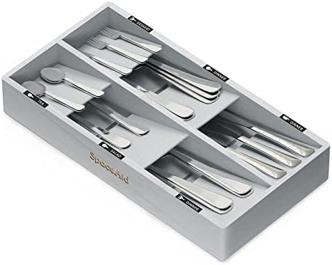 SpaceAid Bamboo Silverware Drawer Organizer with Labels, Kitchen Utensil Tray Holder Organizer for Flatware, Cutlery, Spoon and Knives Drawer Storage Organization (Gray, 6 Slots) by SpaceAid