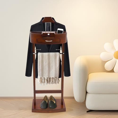 Wood Valet Stand for Men & Women, Freestanding Suit Rack Organizer with Drawer, Top Tray, Contour Hanger, Trouser Bar, Tie/Belt Hooks & Shoe Rack, Garment Stand for Bedroom, Entryway, Office, Hallway - Image 5
