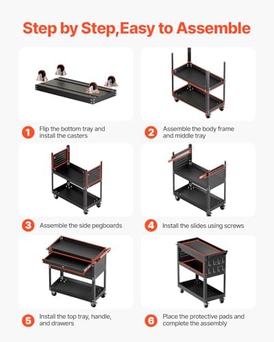 VEVOR 4-Tier Tool Cart with Wheels, 350 lbs Load Capacity, Rolling Work Cart with Drawer & Pegboard, Mechanic Tool Storage Organizer with Locking System for Garage, Warehouse and Repair Shop, Black - Image 6