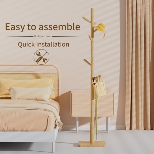 Solid Wood Square Base Coat Rack, Free Standing Hall Coat Tree with 8 Hooks（+2 spare) for Coats, Hats, Bags, Purses, for Entryway, Hallway, Rubberwood Hooks,Base and Pole,(Square Base, Natural Beige) - Image 4