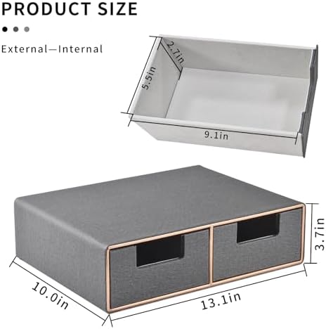 Linen Leather Desk Organizer with Drawers－Mini Desktop Drawer Organizer Stackable－Multifunctional Tabletop Organization Storage Box for Office Supplies Home Vanity Toiletries (Grey, 2-drawers) - Image 3