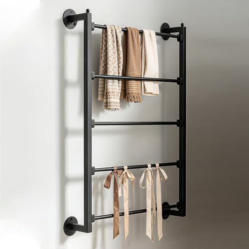 5 Tier Wall Mounted Tie Rack Scarf Display Stand Belt Pants Hangers Scarves Hijab Stand, Towel Rack Ribbon Holder,Wrapping Paper Spool Storage for Retail,Store (Black, 5 Tier 23.6x29.5in) by Pinelicorn