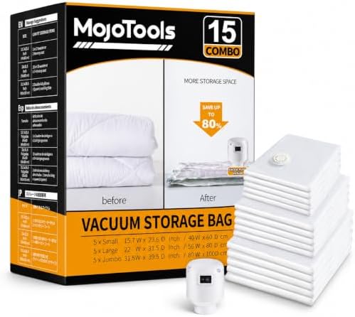 Vacuum Storage Bags with Electric Air Pump, 15 Pack (5 Jumbo, 5 Large, 5 Medium) Space Saver Bag, Space Saver Bag, Vacuum Sealer Bags for Clothes, Blanket, Duvets, Pillows, Comforters,Travel by MoJoTools