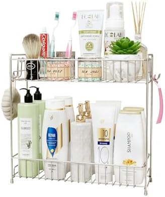 YQh 2-Tier Bathroom Storage Organizer Rack, Stainless Steel Shower Caddy, Counter and Vanity Shelf by YQh