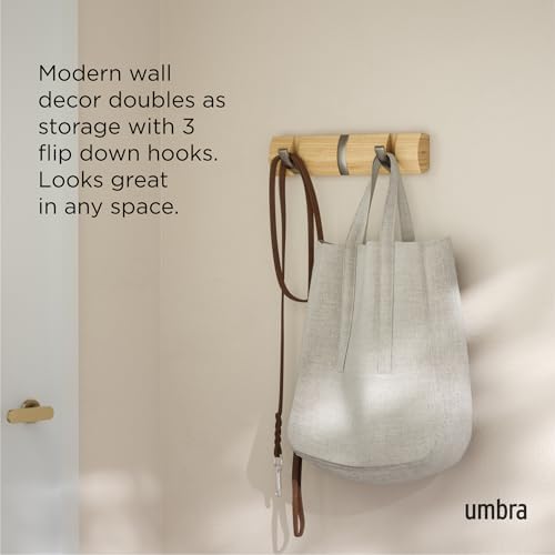Umbra Flip Coat Rack, Wall Mount Retractable Hooks, 3-Hook, Natural/Nickel - Image 4