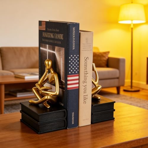 Reading Figurine Book Ends Book Lovers Gifts for Bookshelf Decorations for Readers, Graduates, Students, Teachers, Sculpture Home Decor for Shelves Desk Office Living Room (Black/Gold) - Image 2