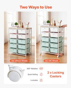VEVOR Rolling Cart with Drawers, Double Row 10 Drawer Storage Organizer, Mobile Utility Cart, Wood Top, Steel Frame, Universal Casters & 2 Brakes, for Office, Classroom, Craft Room, Studio, Blue White - Image 3