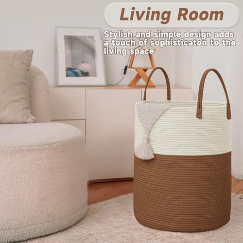 JMvicyroam 80L Cotton Rope Laundry Basket Hamper, White and Brown - Image 3