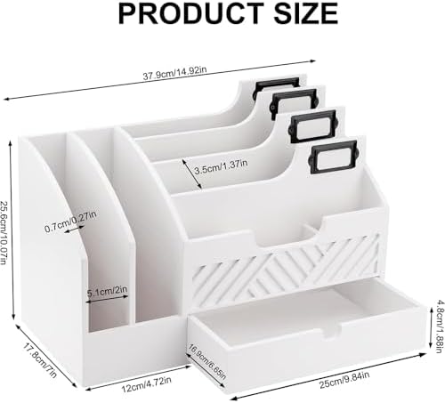 Wood Mail Organizer Countertop, 6 Compartments with Drawer, White - Image 2