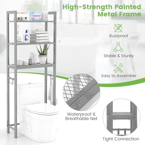 GIANTEX Over The Toilet Storage Shelf, 3-Tier Freestanding Space Saver Above Toilet Shelves with 3 Hooks & Adjustable Bottom Bar, Over Toilet Bathroom Organizer for Restroom, Laundry (Gray) - Image 5