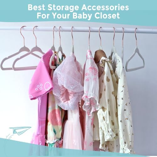 Tonswachic Child Velvet Hanger 50 Pack, 14 Inch Premium Felt Non Slip Kid Hanger for Infant & Toddler Clothes, 0.2" Slim Space-Saving Kid Felt Hanger with 10 Clips & 360° Rose Gold Hook, Beige - Image 4