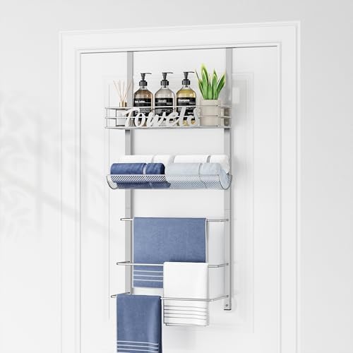 SWTYMIKI Over the Door Towel Racks for Bathroom - 5-Tier Wall Mounted Bathroom Towel Storage Organizer Holder with Metal Shelf, Sliver by SwtyMiki-TidyHomeSweetLife