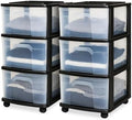 HOMZ Drawer Tower 3-Tier Storage Cart, Removable Wheels, Black Frame,2 Pack by Homz