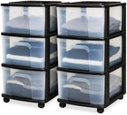 HOMZ Drawer Tower 3-Tier Storage Cart, Removable Wheels, Black Frame,2 Pack by Homz