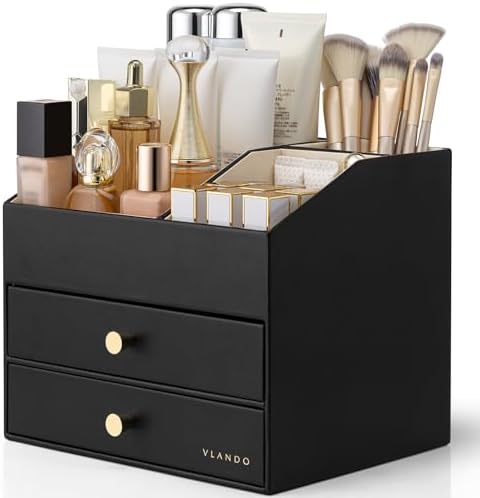 VLANDO 3-Layer Makeup Organizer with 2 Large Drawers for Vanity,Black by VLANDO