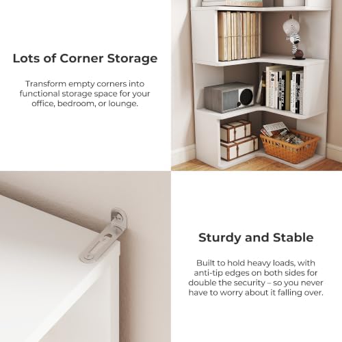 6-Tier L-Shaped Corner Bookshelf, 63" Tall Freestanding Wood Grain Corner Bookcase with Safety Baffle, Space-Saving Corner Shelf Storage for Living Room, Bedroom, Home Office, White - Image 4