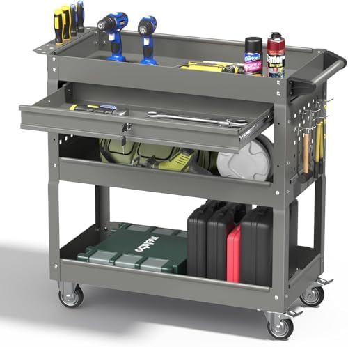 3 Tray Rolling Tool Cart with Drawers, 400 LBS Capacity Mechanic Tool Cart on Wheels, Heavy Duty Utility Cart with Pegboard, Metal Work Cart for Garage and Repair Shop, Grey by Pelnuies