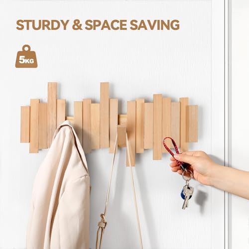 Ufine Wood Wall Mounted Coat Rack with 6 Flip-Down Hooks - Image 5