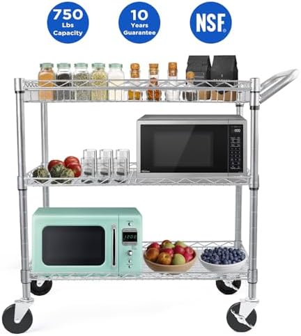 WDT Heavy Duty 3 Tier Utility Cart,Wire Rolling Carts with Wheels, Commercial Grade Service Cart with Shelving Liners and Handle Bar Metal Carts for Kitchen Office Hardware - Image 2