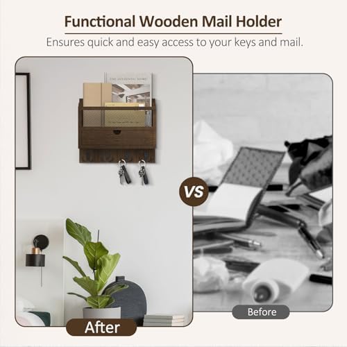 Nekon Mail Organizer with Drawer for Wall, Wooden Key Holder, Brown - Image 7