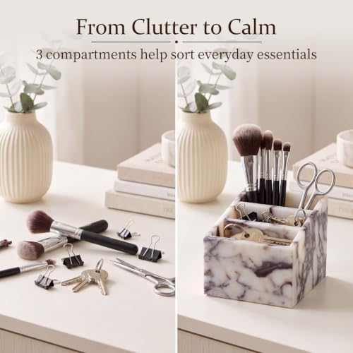 SAMAH Natural Marble Toothbrush Holder, 3-Compartments Marble Pen Holder & Makeup Brush Holder, Multifunctional Desk & Bathroom Counter Organizer for Office Supplies, Remote Holder, Toothbrush - Image 4