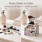 SAMAH Natural Marble Toothbrush Holder, 3-Compartments Marble Pen Holder & Makeup Brush Holder, Multifunctional Desk & Bathroom Counter Organizer for Office Supplies, Remote Holder, Toothbrush - Image 4
